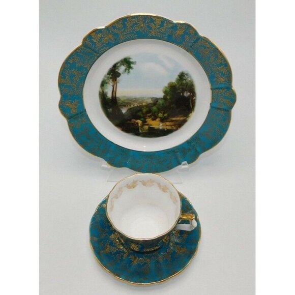 Royal Windsor Bone China Green & Gold Leaves Teacup Saucer Plate Set - Picture 6 of 10